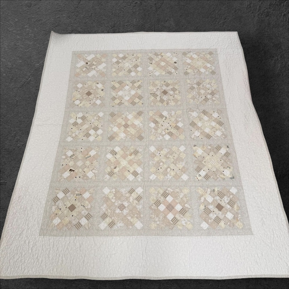 Handmade Patchwork Quilt Neutral Cream Beige Farmhouse Geometric Stitched Throw
